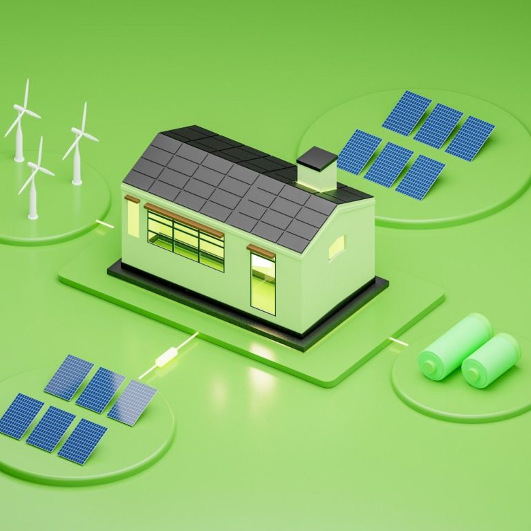 Moderne, nachhaltige Energiequelle: Ein Haus mit Solarpanelen und Windkraftanlagen.