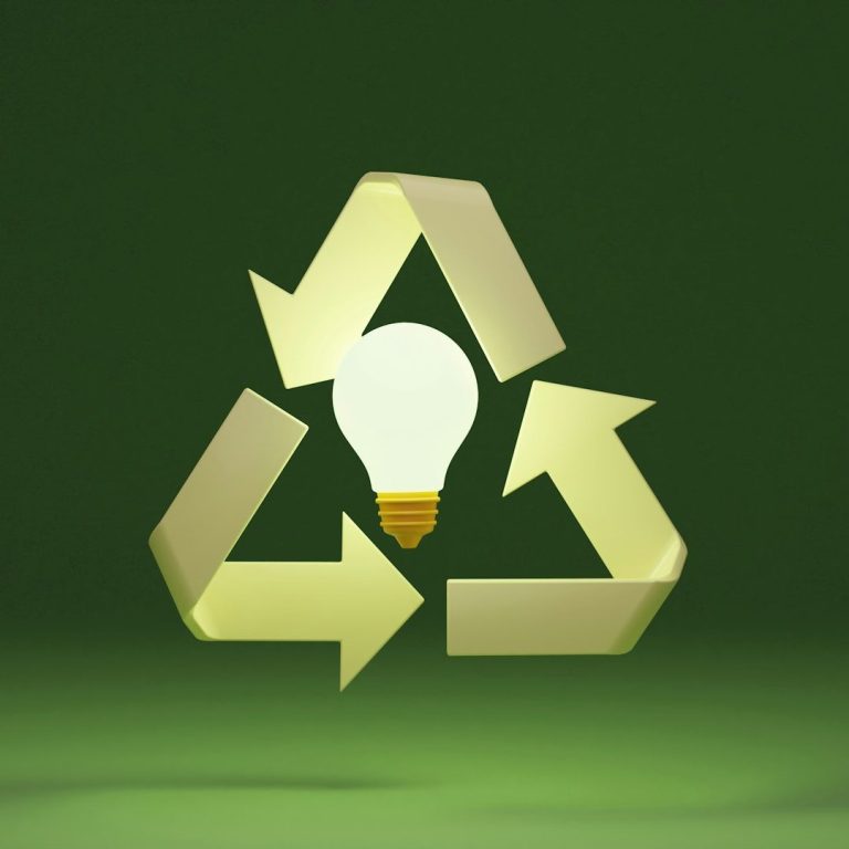 Symbol für Recycling mit einer Glühbirne im Mittelpunkt auf grünem Hintergrund.