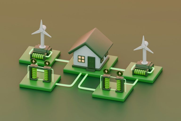 Moderne Wohnsiedlung mit Windkraftanlagen und energieeffizienter Infrastruktur.