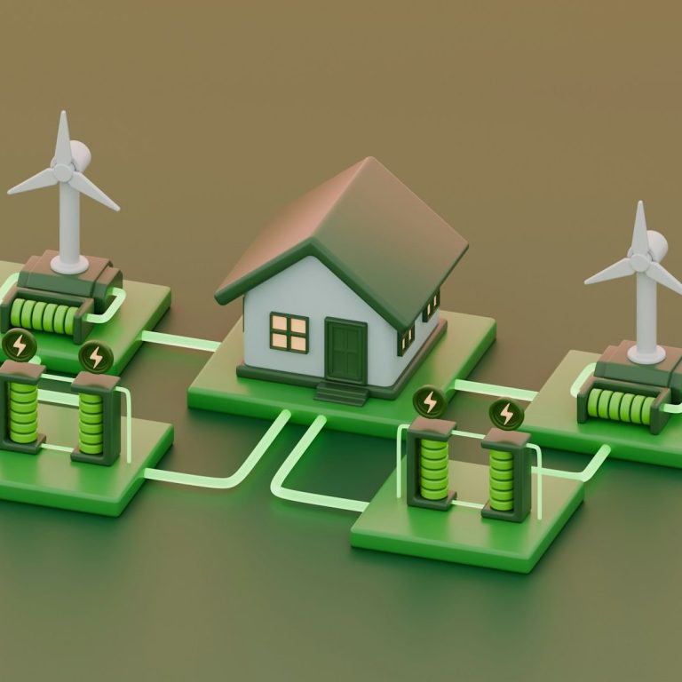 Moderne energetische Infrastruktur mit einem Haus, Windrädern und Batterien.