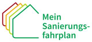 Mein Sanierungsfahrplan Logo mit Text "Mein Sanierungsfahrplan" und stilisierten Häusern in roten, gelben und grünen Farben.