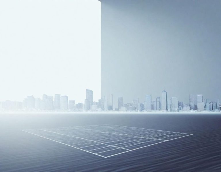 Bild IONOS Düstere Stadtlandschaft mit einem hellen Lichtstrahl im Hintergrund.