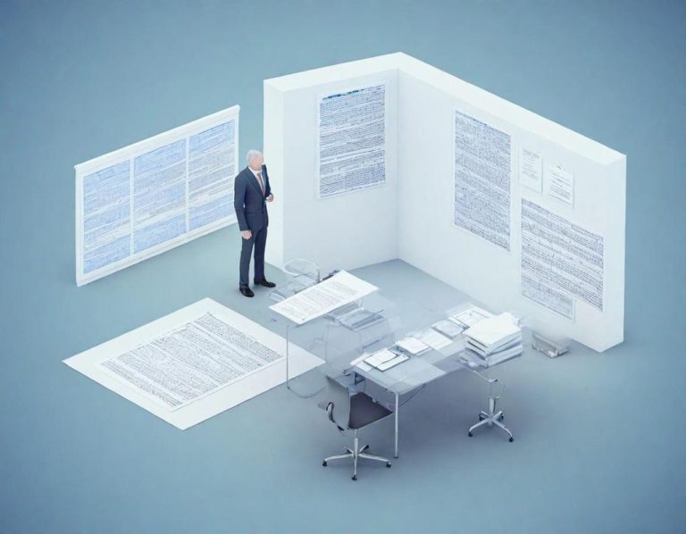 Bild IONOS Ein Mann steht in einem modernen Büro mit Dokumenten und Tafeln auf dem Boden.