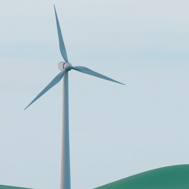 Ein Windrad steht vor einer sanften grünen Hügelkulisse.