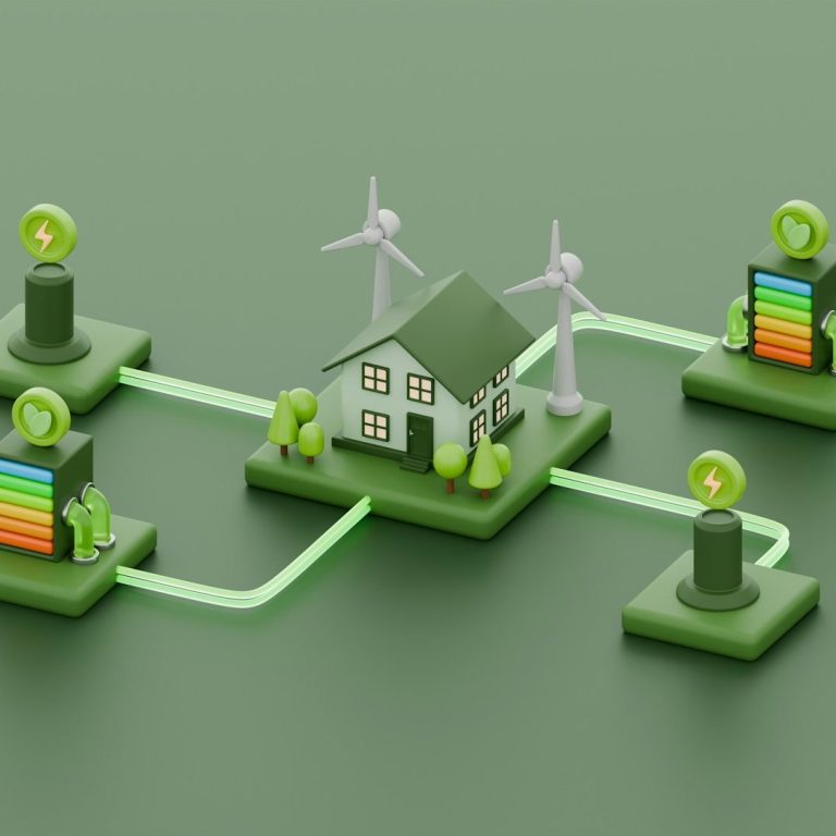 Haus umgeben von Windrädern und grünen Energiequellen, verknüpft durch Leitungen.