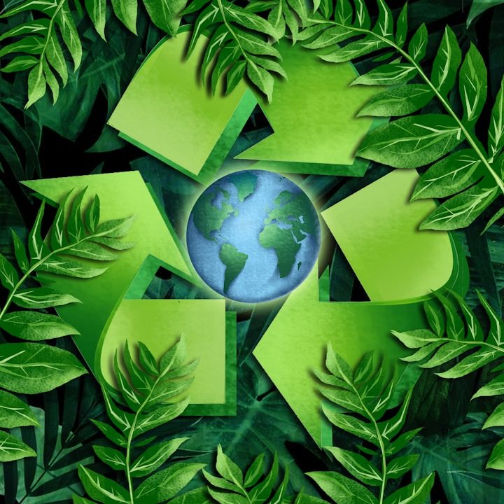 Bild von IONOS Ein grünes Recycling-Symbol umgeben von Blättern mit einer Erdkugel in der Mitte.