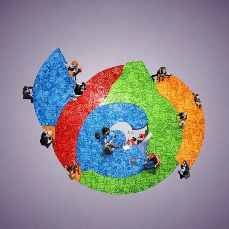 Menschen arbeiten zusammen auf bunten, abstrakten Formen auf einem grauen Hintergrund.